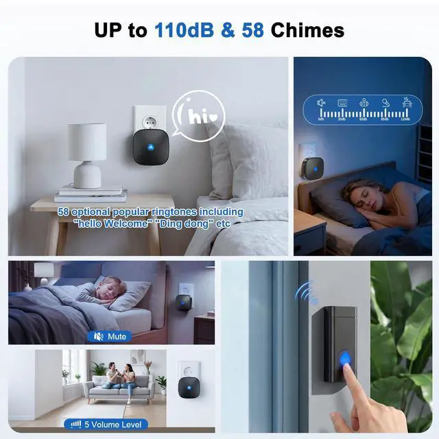 Alt view image 3 of 7 - Wireless Doorbell 1000ft Range IP55 Waterproof, 58 Ringtones | Wired Doorbell Alternative,5 Volume Levels, Plug-in Installation for Home Office Classroom