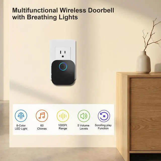 Alt view image 2 of 7 - Wireless Doorbell - Waterproof, 8-Color Breathing Light & 2 Mute Modes | 60 Chimes with Preview Mode, 1000ft Operating Range, 5 Volume Levels, Power Failure Memory for Home Classrooms Offices