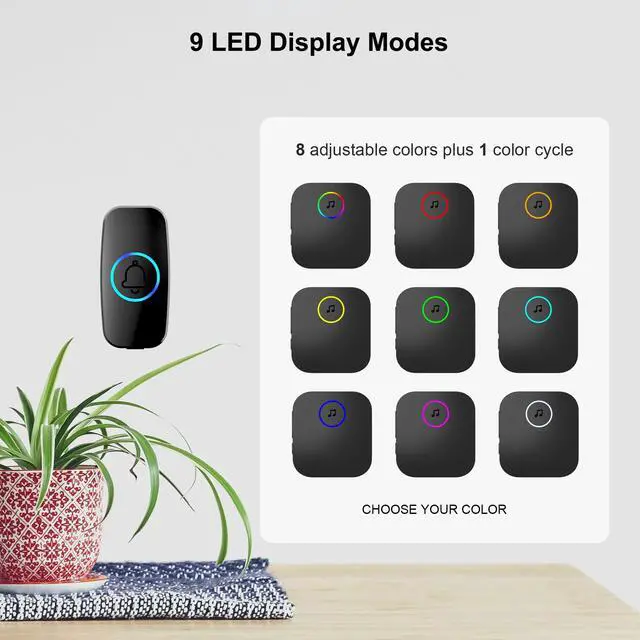 Alt view image 3 of 7 - Wireless Doorbell - Waterproof, 8-Color Breathing Light & 2 Mute Modes | 60 Chimes with Preview Mode, 1000ft Operating Range, 5 Volume Levels, Power Failure Memory for Home Classrooms Offices