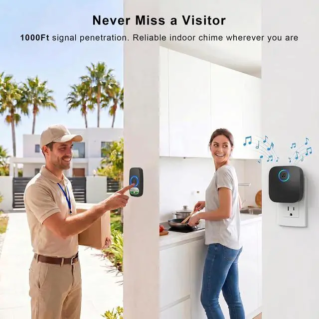 Alt view image 5 of 7 - Wireless Doorbell - Waterproof, 8-Color Breathing Light & 2 Mute Modes | 60 Chimes with Preview Mode, 1000ft Operating Range, 5 Volume Levels, Power Failure Memory for Home Classrooms Offices