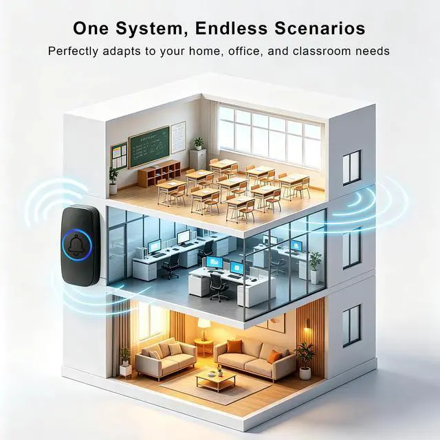 Alt view image 6 of 7 - Wireless Doorbell - Waterproof, 8-Color Breathing Light & 2 Mute Modes | 60 Chimes with Preview Mode, 1000ft Operating Range, 5 Volume Levels, Power Failure Memory for Home Classrooms Offices