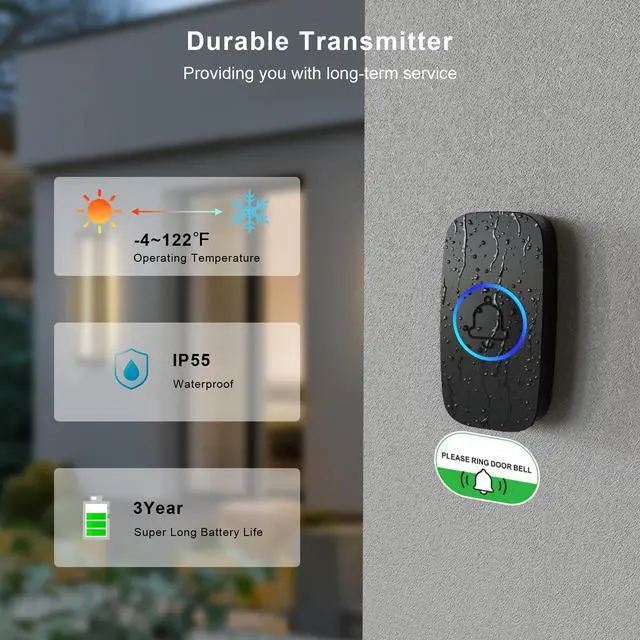 Alt view image 7 of 7 - Wireless Doorbell - Waterproof, 8-Color Breathing Light & 2 Mute Modes | 60 Chimes with Preview Mode, 1000ft Operating Range, 5 Volume Levels, Power Failure Memory for Home Classrooms Offices