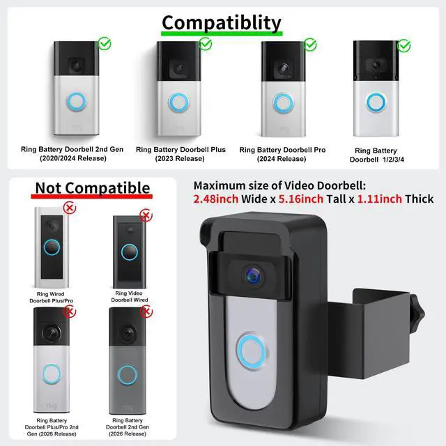 Alt view image 2 of 7 - Anti-Theft Doorbell Camera Mount Compatible with Ring Battery Doorbell 2nd Gen (2020/2024 Release), 1/2/3 Plus/3/4/Battery Doorbell Plus/Pro, No Drill Camera Door Mount Holder for Houses, Rentals