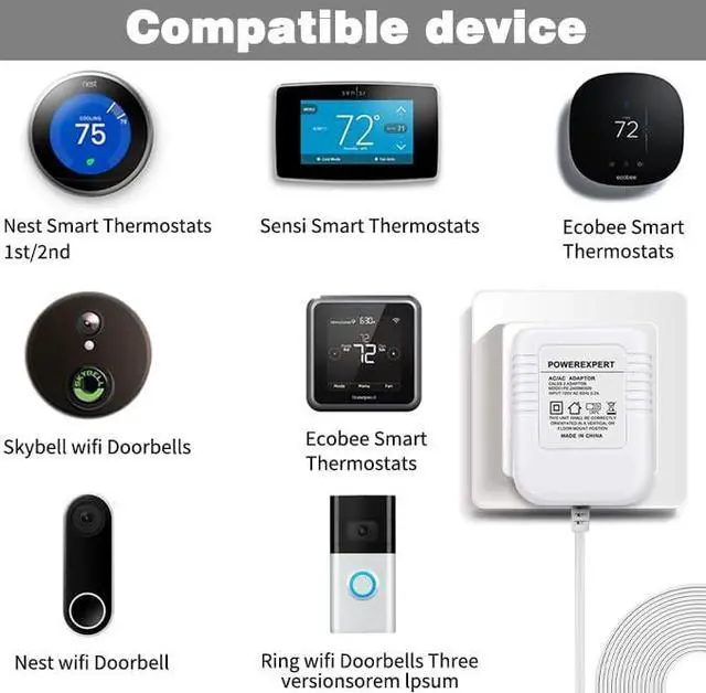 Alt view image 2 of 7 - 24V Transformer C Wire Adapter for All Versions of Ring Doorbell, Eufy E340, Wyze Video Doorbells, and Compatible with Thermostat Nest 1st/2nd, Ecobee, Honeywell, Sensi Power Supply 8M(315 inch)