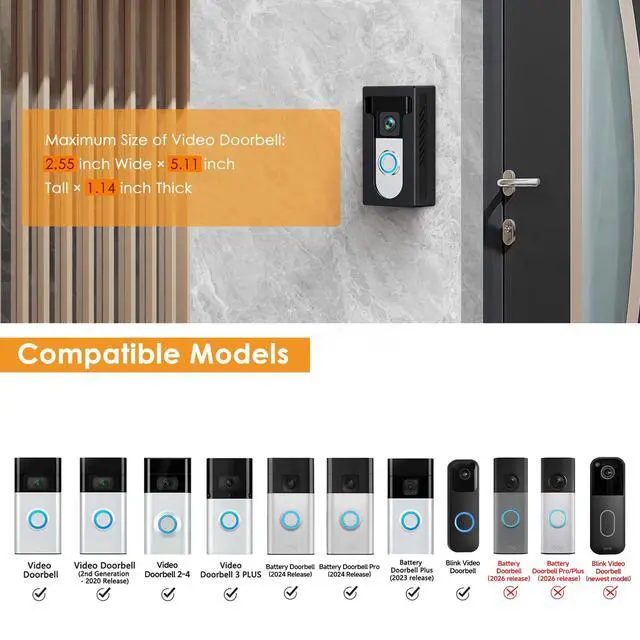 Alt view image 2 of 7 - No Drill Adhesive Video Doorbell Mount, Compatible with Ring/Blink Wireless Video Doorbell, Anti-Theft, Black Aluminum Steel, Wall Mount