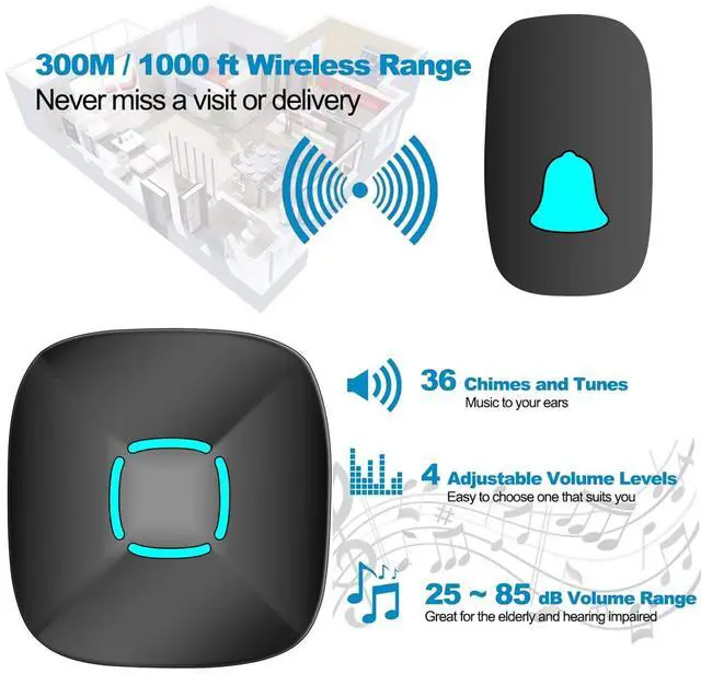 Alt view image 6 of 7 - Wireless Doorbell, Waterproof Chime Kit with 36 Chimes, LED Flash, 1000ft | Adjustable Volume Control, Easy Installation, No Wiring Required, Memory Function, Multiple Sound Options, Home & Office Use