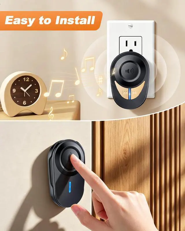 Alt view image 2 of 7 - Wireless Doorbell, 1300FT Long Range, 48 Chimes & 5 Volume Levels, IP66 Waterproof Button, Plug-in Receiver with Metal Horn, Easy DIY for Home Apartment Classroom Garage (Black)