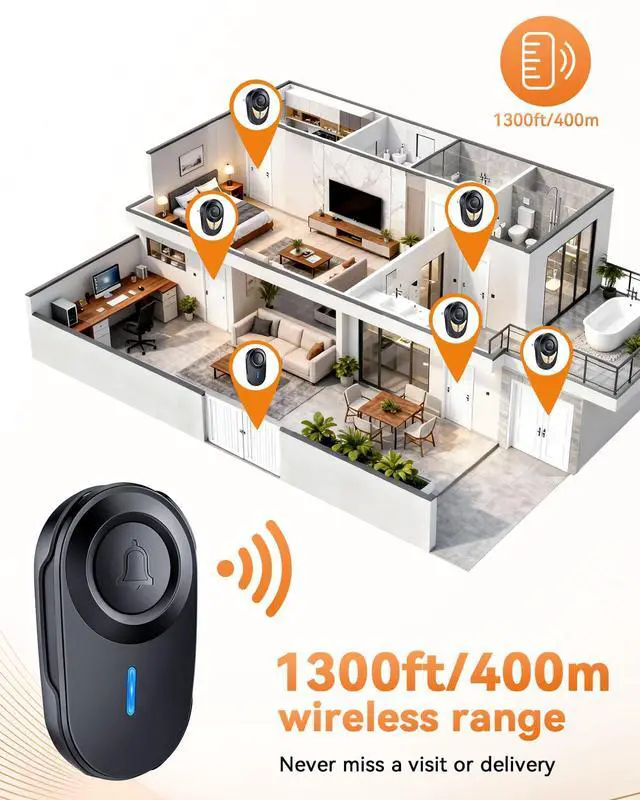 Alt view image 3 of 7 - Wireless Doorbell, 1300FT Long Range, 48 Chimes & 5 Volume Levels, IP66 Waterproof Button, Plug-in Receiver with Metal Horn, Easy DIY for Home Apartment Classroom Garage (Black)