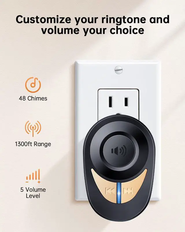 Alt view image 4 of 7 - Wireless Doorbell, 1300FT Long Range, 48 Chimes & 5 Volume Levels, IP66 Waterproof Button, Plug-in Receiver with Metal Horn, Easy DIY for Home Apartment Classroom Garage (Black)