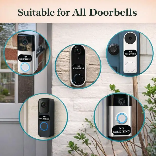 Alt view image 5 of 6 - No Soliciting Stickers for Door, Small No Soliciting Sign for Doorbell Camera, Weatherproof Door Sign, Compatible with Ring Doorbell & Smart Doorbells (1.2 x 0.6 Inch, 12 Pack)