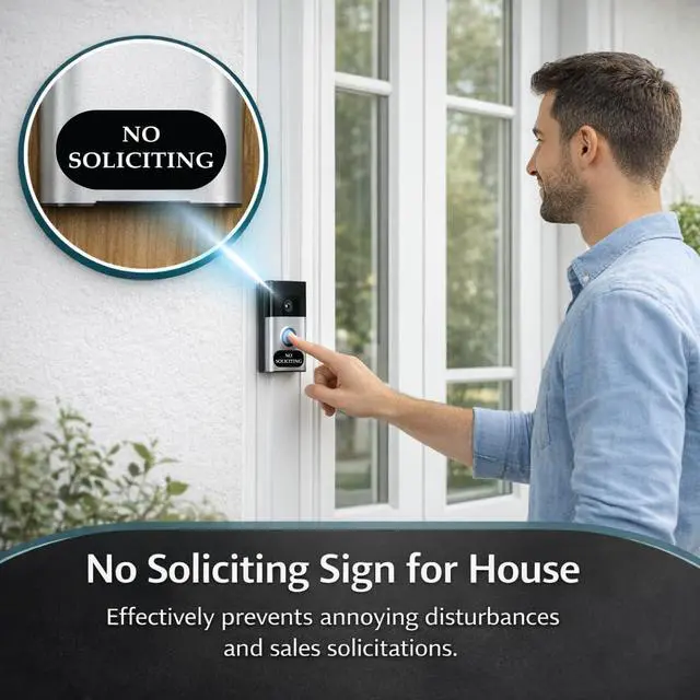 Alt view image 6 of 6 - No Soliciting Stickers for Door, Small No Soliciting Sign for Doorbell Camera, Weatherproof Door Sign, Compatible with Ring Doorbell & Smart Doorbells (1.2 x 0.6 Inch, 12 Pack)