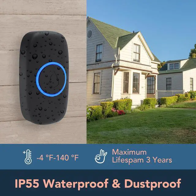 Alt view image 5 of 7 - Wireless Doorbell kits with IP55 Waterproof Level, 500ft Range, 5 Volume Levels with 32 Doorbell Chimes Color LED Flash, Black