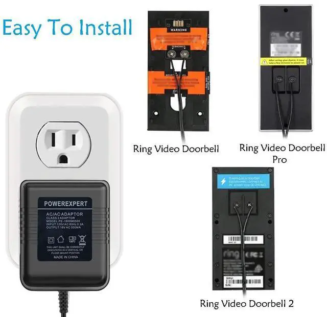 Alt view image 3 of 7 - 18V 500mA Adapter, Video Doorbell Charger Cord Compatible with Ring Video Doorbell Pro/2, Zmodo Doorbell, Nest Hello Doorbell Transformer, HLT Doorbell, Ecobee,Sensi Doorbell Transformer