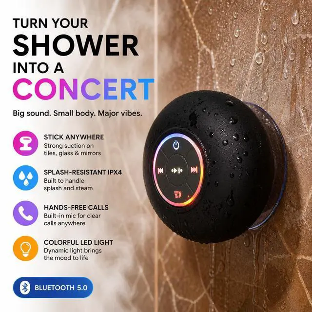 Alt view image 2 of 7 - Bluetooth Shower Speaker with LED, Portable Wireless Mini Speaker (Black) | Built-In Mic, Suction Cup, IPX4 Water Resistant, Shower, Travel, Pool, River Floating & Outdoor Fun