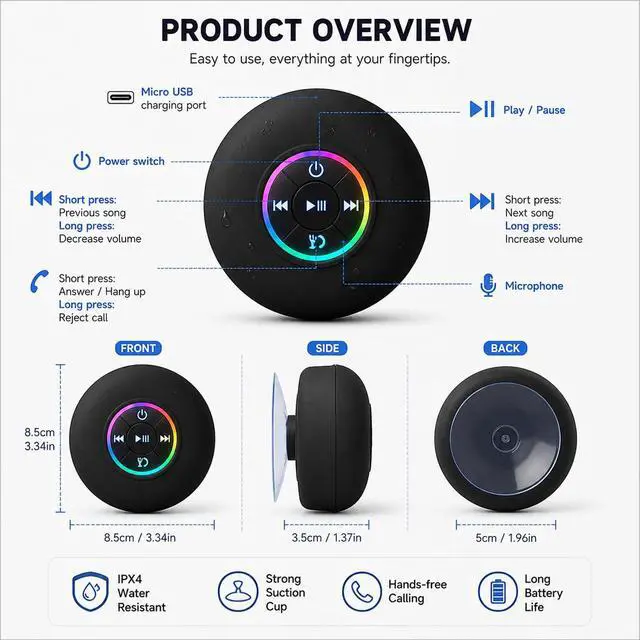 Alt view image 5 of 7 - Bluetooth Shower Speaker with LED, Portable Wireless Mini Speaker (Black) | Built-In Mic, Suction Cup, IPX4 Water Resistant, Shower, Travel, Pool, River Floating & Outdoor Fun