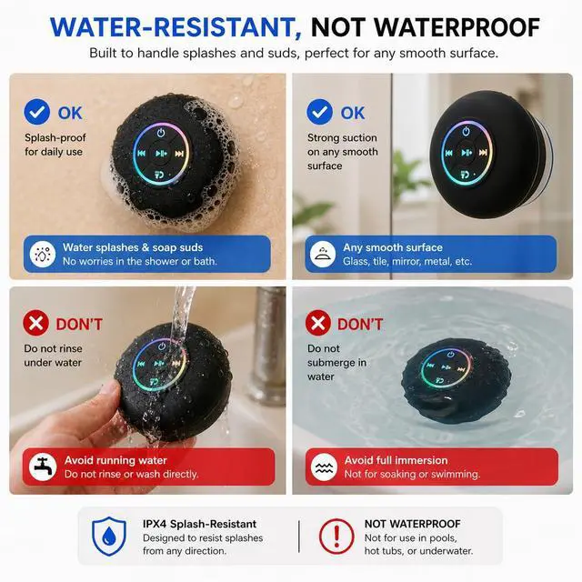 Alt view image 6 of 7 - Bluetooth Shower Speaker with LED, Portable Wireless Mini Speaker (Black) | Built-In Mic, Suction Cup, IPX4 Water Resistant, Shower, Travel, Pool, River Floating & Outdoor Fun