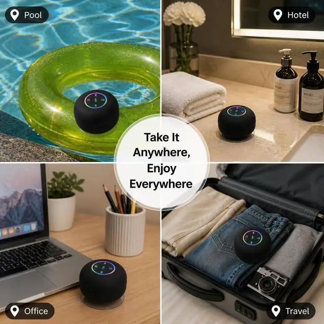 Alt view image 7 of 7 - Bluetooth Shower Speaker with LED, Portable Wireless Mini Speaker (Black) | Built-In Mic, Suction Cup, IPX4 Water Resistant, Shower, Travel, Pool, River Floating & Outdoor Fun