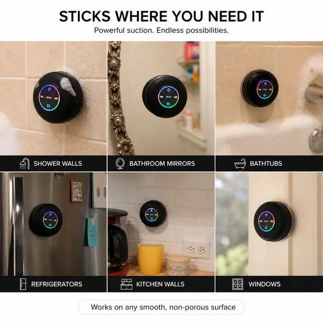 Alt view image 4 of 7 - Bluetooth Shower Speaker with LED, Portable Wireless Mini Speaker (Black) | Built-In Mic, Suction Cup, IPX4 Water Resistant, Shower, Travel, Pool, River Floating & Outdoor Fun