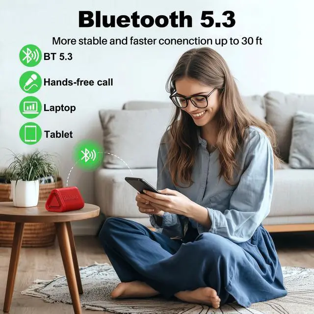 Alt view image 5 of 7 - Portable Bluetooth Speaker 5W, IPX7, Red | TWS Pairing, 15H Playtime, Small Size, Loud Sound with Dual Bass for Outdoor, Shower, Party, Camping, Travel