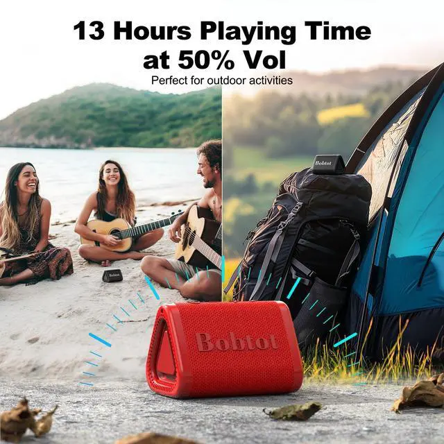 Alt view image 6 of 7 - Portable Bluetooth Speaker 5W, IPX7, Red | TWS Pairing, 15H Playtime, Small Size, Loud Sound with Dual Bass for Outdoor, Shower, Party, Camping, Travel