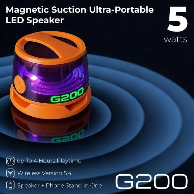 Alt view image 7 of 7 - G200 Magnetic Bluetooth Speaker Mini,9Core Magnet for Metal Surfaces | 40mm Driver with Bass & RGB Light, 7H Playtime IPX5 Waterproof, Phone Stand for Camping & Home Gifts1 Orange