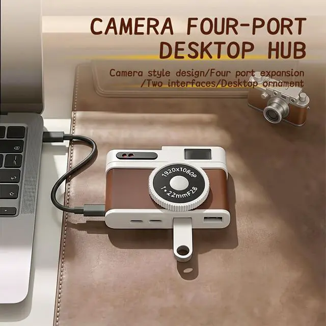 Alt view image 3 of 7 - USB C Hub, 4-Port USB Hub with 2 USB-A 2.0 & 2 USB-C Ports, Compact Vintage Camera-Style USB Hub Adapter for Laptop, MacBook, Tablet & Accessories