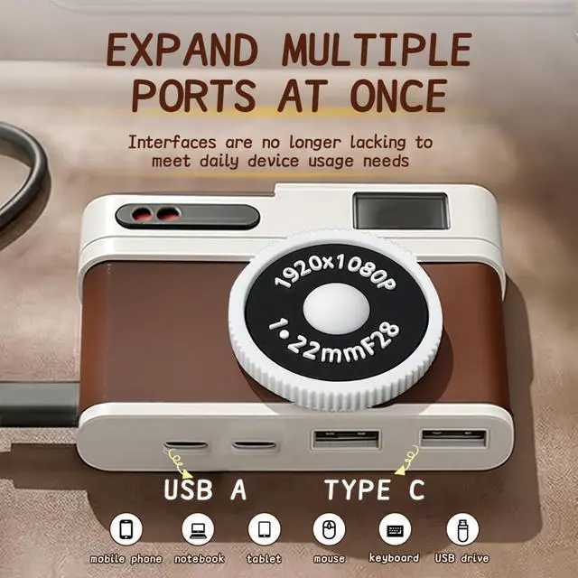 Alt view image 4 of 7 - USB C Hub, 4-Port USB Hub with 2 USB-A 2.0 & 2 USB-C Ports, Compact Vintage Camera-Style USB Hub Adapter for Laptop, MacBook, Tablet & Accessories
