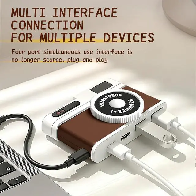Alt view image 5 of 7 - USB C Hub, 4-Port USB Hub with 2 USB-A 2.0 & 2 USB-C Ports, Compact Vintage Camera-Style USB Hub Adapter for Laptop, MacBook, Tablet & Accessories