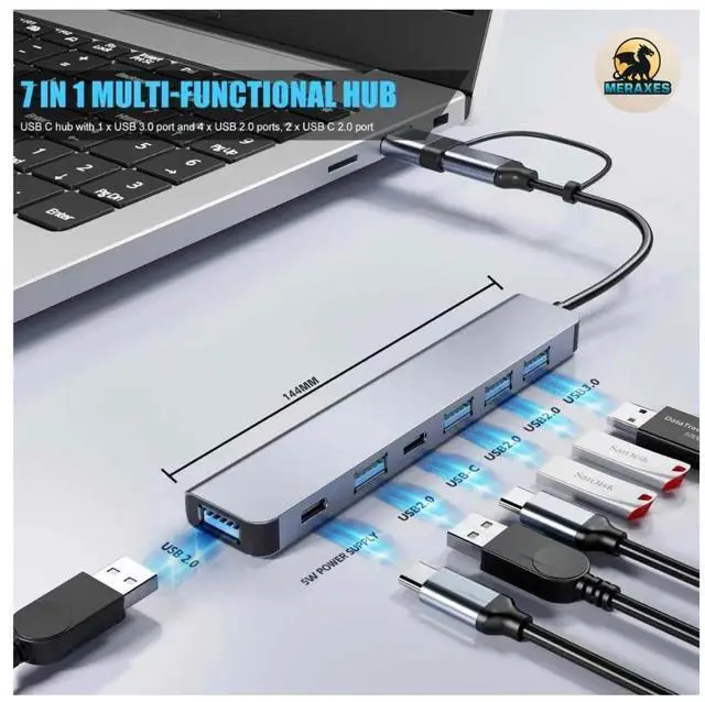 Alt view image 3 of 7 - 7-in-1 USB-C & USB Hub, Aluminum Multiport Adapter with USB-C, USB 3.0 & USB 2.0 Ports, Multi USB Docking Station for MacBook Pro/Air, iPad, Laptops & PCs