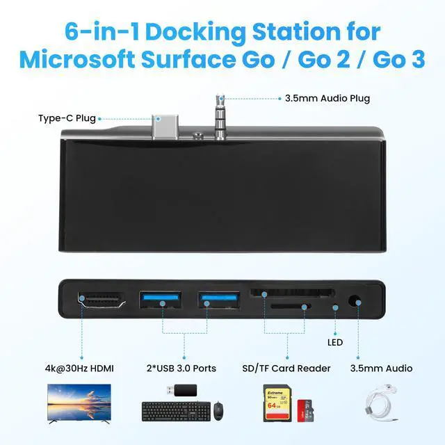 Alt view image 2 of 5 - 6-in-1 USB C Microsoft Surface Go Docking Station, Surface Go Hub with 2*USB 3.0 Ports, 3.5mm Audio, 4k@30Hz HDMI, SD/TF Card Reader,USB C Hub for Microsoft Surface Go 1/2/3/4