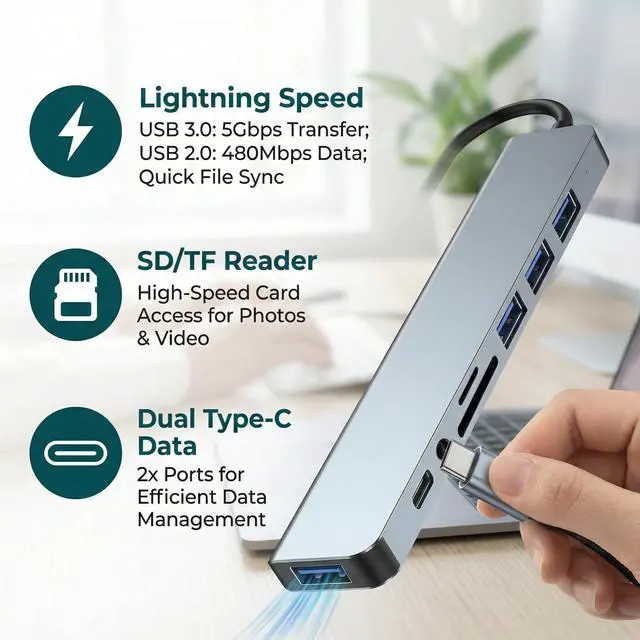Alt view image 5 of 7 - USB C & USB Hub 8-in-1 with USB 3.0, USB-C Ports for PC/Laptops/MacBook Pro/Air/iMac/iPad and More Devices