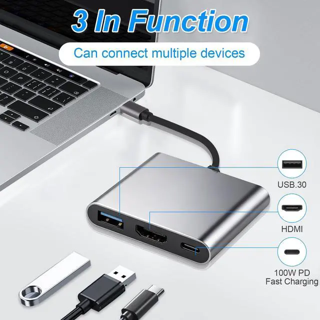 Alt view image 4 of 7 - 3-in-1 USB C to HDMI Adapter, Hub with 4K HDMI Output for Type C Devices | 100W PD Fast Charging & USB 3.0 Port, Digital AV Multiport Dongle