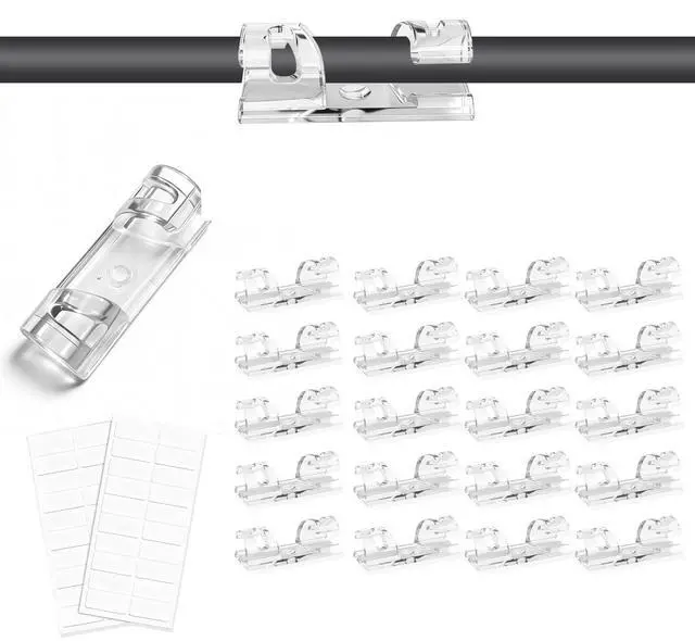 Main image of Adhesive Cable Wire Clips Clear (20 PCS) with Screw Holes - Strong Sticky or Screw-Mountable Cord Holders for Wall, Under Desk, Car, PC & Ethernet Cords, Indoor/Outdoor Christmas Lights Organizer