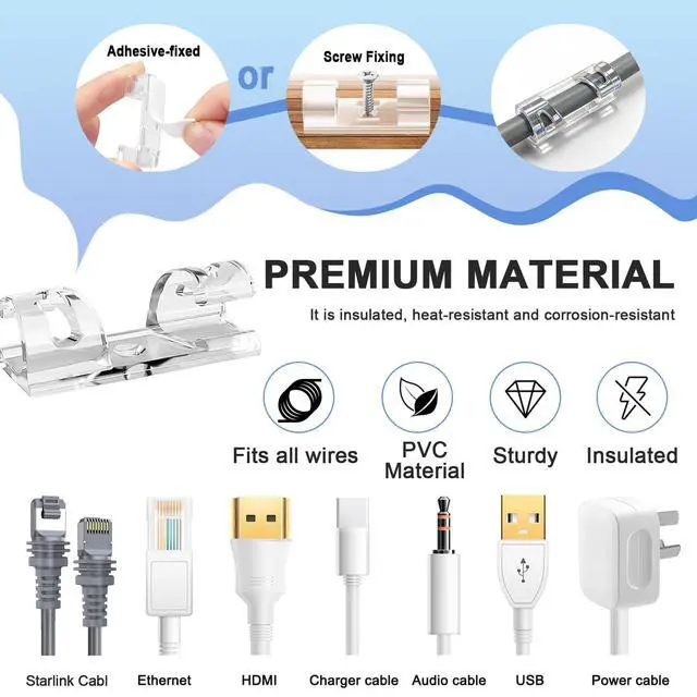 Alt view image 2 of 7 - Adhesive Cable Wire Clips Clear (20 PCS) with Screw Holes - Strong Sticky or Screw-Mountable Cord Holders for Wall, Under Desk, Car, PC & Ethernet Cords, Indoor/Outdoor Christmas Lights Organizer