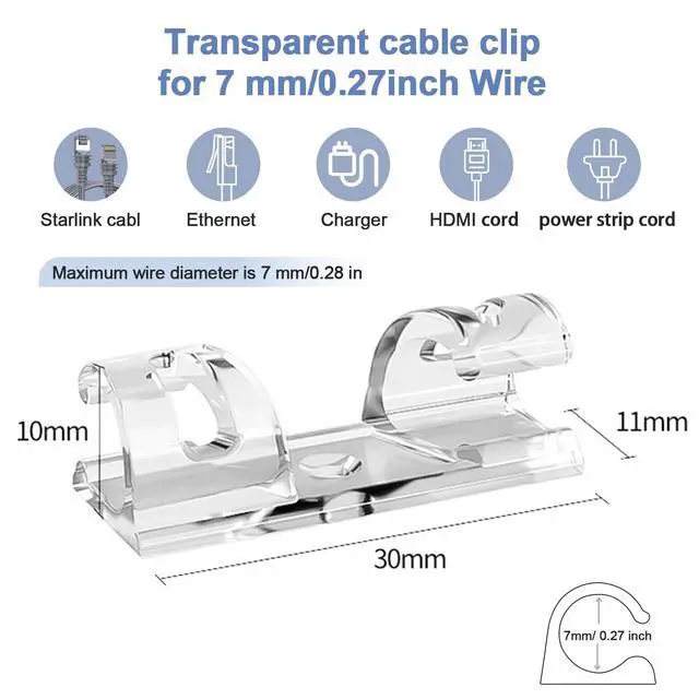 Alt view image 7 of 7 - Adhesive Cable Wire Clips Clear (20 PCS) with Screw Holes - Strong Sticky or Screw-Mountable Cord Holders for Wall, Under Desk, Car, PC & Ethernet Cords, Indoor/Outdoor Christmas Lights Organizer