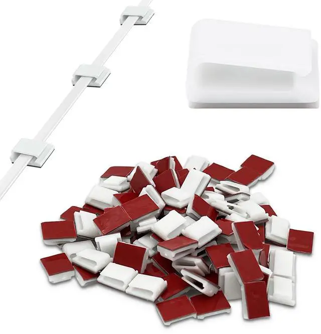 Main image of White Adhesive Ethernet Cable Clips Flat & Round Cord Holders for Wall, Desk, Car, and Light Cable Organization (100-Pack)