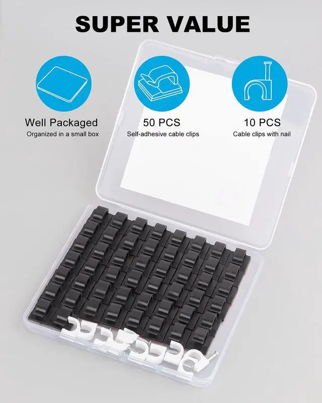 Alt view image 2 of 6 - 60 PCS Adhesive Cable Clips, Upgraded Wall Wire Clips for Cable Management, Strong Cord Clips Wire Holders for The Wall, Under Desk, Christmas Lights, Car, Dash Cam, Ethernet, Electric Wires Small