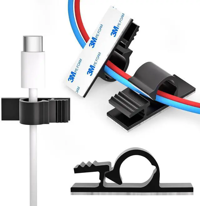 Main image of 100pcs Adhesive Cable Wire Clips Black, Outdoor Cable Management Wire Organizer Cord Holder for Under Desk, Car, Wall, TV PC Ethernet Cable
