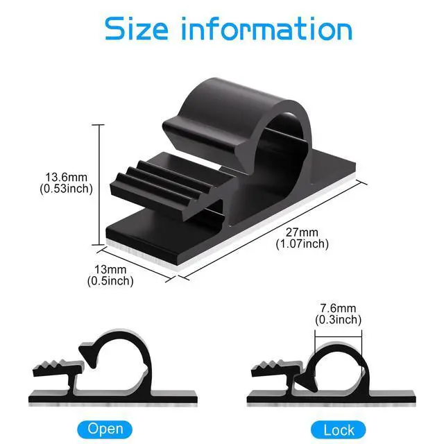 Alt view image 2 of 7 - 100pcs Adhesive Cable Wire Clips Black, Outdoor Cable Management Wire Organizer Cord Holder for Under Desk, Car, Wall, TV PC Ethernet Cable