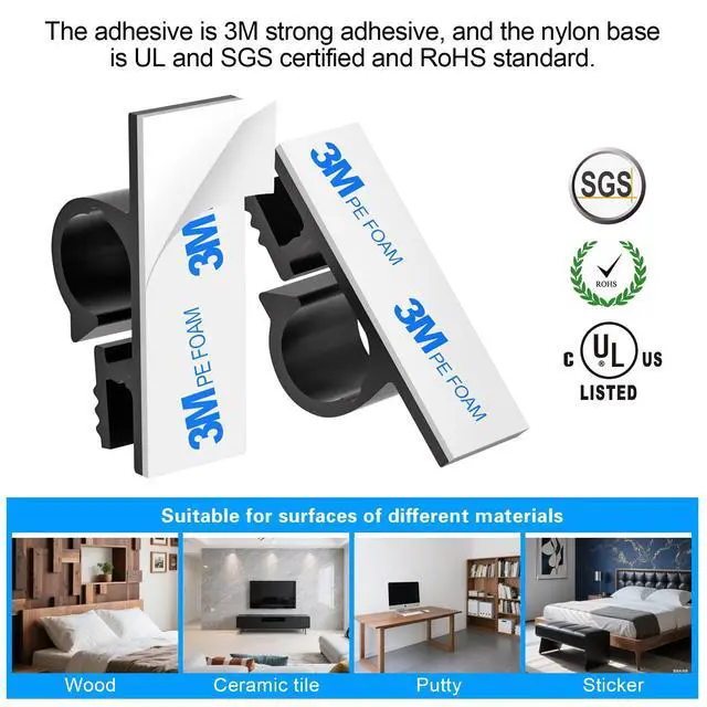 Alt view image 4 of 7 - 100pcs Adhesive Cable Wire Clips Black, Outdoor Cable Management Wire Organizer Cord Holder for Under Desk, Car, Wall, TV PC Ethernet Cable