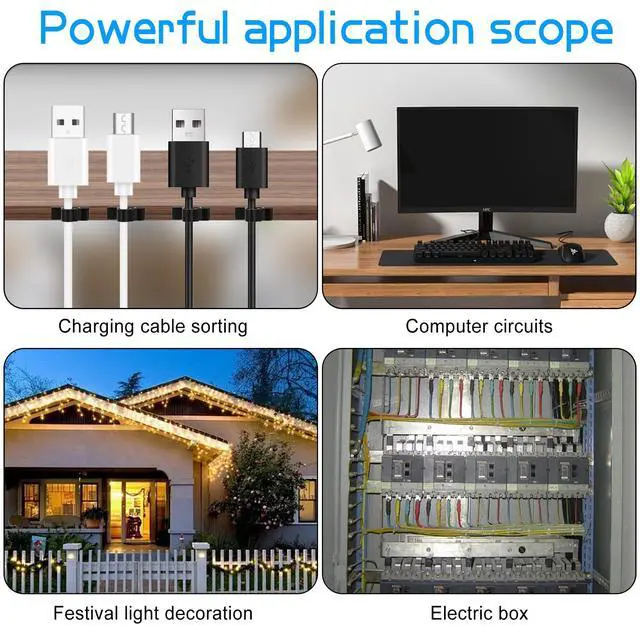 Alt view image 7 of 7 - 100pcs Adhesive Cable Wire Clips Black, Outdoor Cable Management Wire Organizer Cord Holder for Under Desk, Car, Wall, TV PC Ethernet Cable