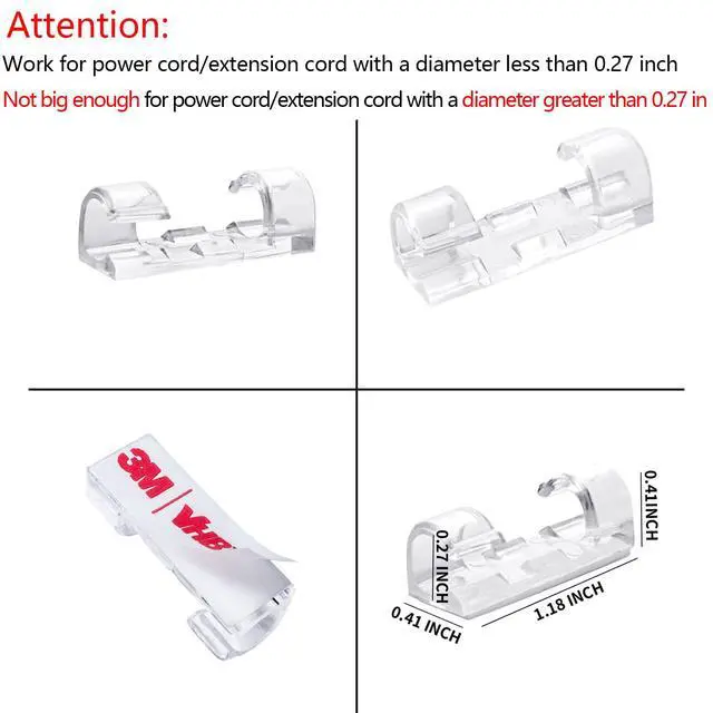 Alt view image 2 of 7 - Self-Adhesive Cable Clips Organizer Drop Wire Holder Cord Management, Max Fitting Cable Diameter 0.27 inch, Pack of 20, Transparent