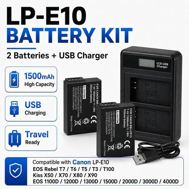 Alt view image 2 of 4 - LP-E10 Battery 2-Pack with USB-C Dual Charger, 1500mAh Replacement Batteries for Canon EOS Rebel T7 T6 T5 T3 T100, Kiss X50 X70 X80 X90, EOS 1100D 1200D 1300D 1500D 2000D 3000D 4000D Cameras