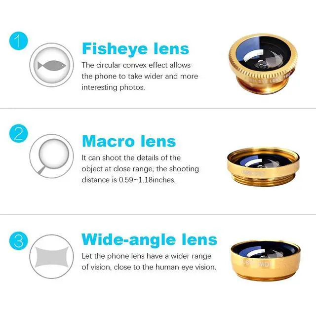 Alt view image 3 of 7 - 3 in 1 Cell Phone Camera Lens Kit Wide Angle Macro Fisheye Lens Universal(Gold)