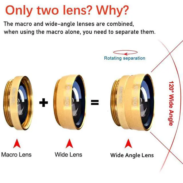 Alt view image 2 of 7 - 3 in 1 Cell Phone Camera Lens Kit Wide Angle Macro Fisheye Lens Universal(Gold)