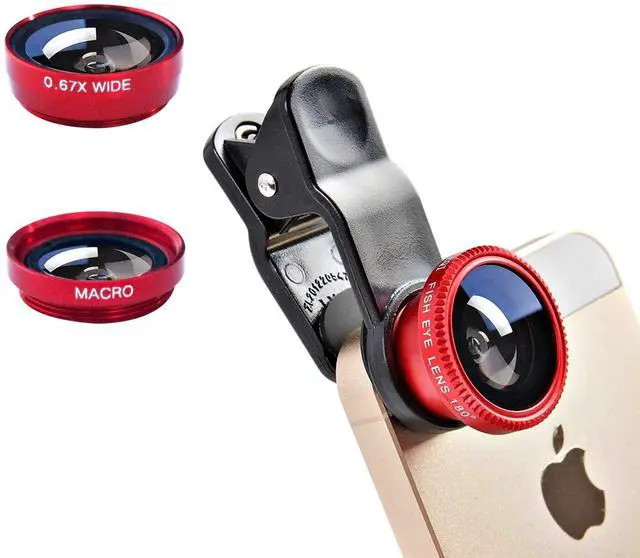 Main image of 3 in 1 Cell Phone Camera Lens Kit Wide Angle Macro Fisheye Lens Universal (Red)