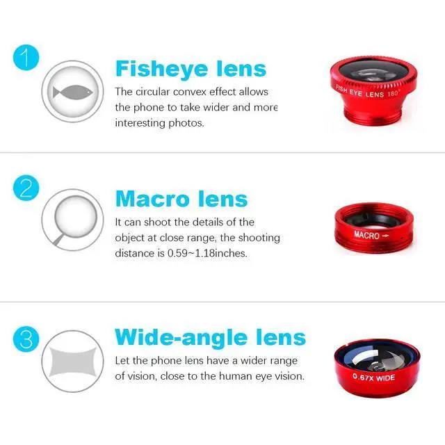 Alt view image 3 of 7 - 3 in 1 Cell Phone Camera Lens Kit Wide Angle Macro Fisheye Lens Universal (Red)