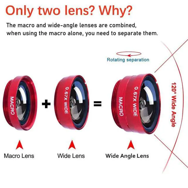 Alt view image 2 of 7 - 3 in 1 Cell Phone Camera Lens Kit Wide Angle Macro Fisheye Lens Universal (Red)