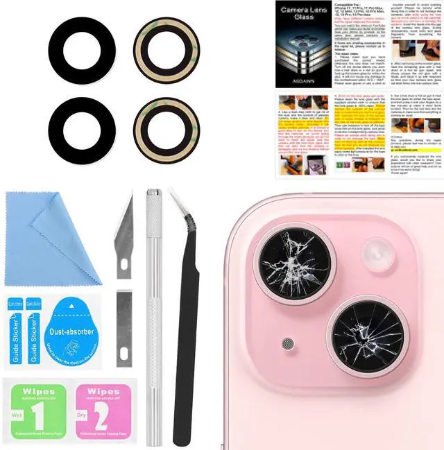 Main image of Back Rear Camera Lens Glass Replacement for iPhone 15 6.1 inch and 15 Plus 6.7 inch with Pre-Installed Adhesive, Back Lens Glass with Installation Manual + Repair Tool Set