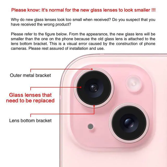 Alt view image 6 of 7 - Back Rear Camera Lens Glass Replacement for iPhone 15 6.1 inch and 15 Plus 6.7 inch with Pre-Installed Adhesive, Back Lens Glass with Installation Manual + Repair Tool Set